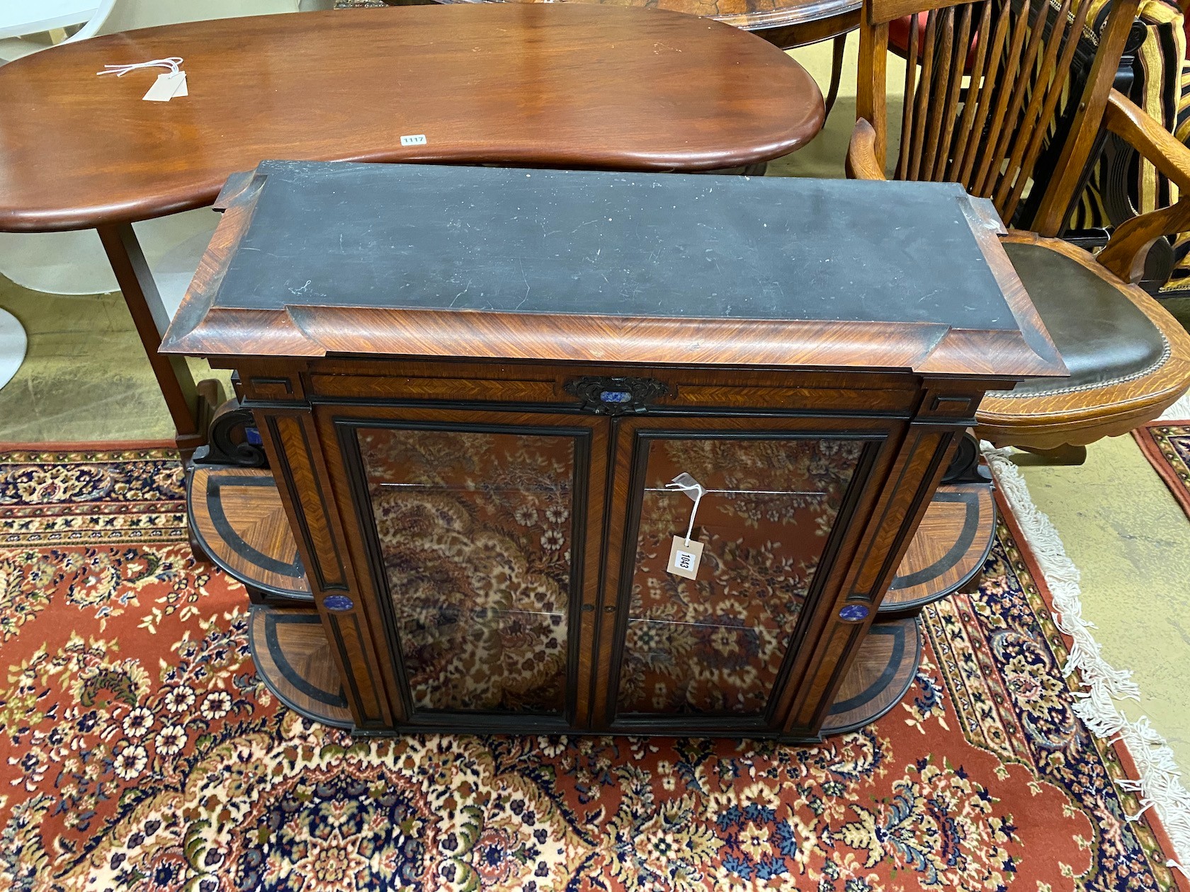 A Victorian malachite mounted ebonised kingwood display cabinet, width 120cm, depth 28cm, height 83cm